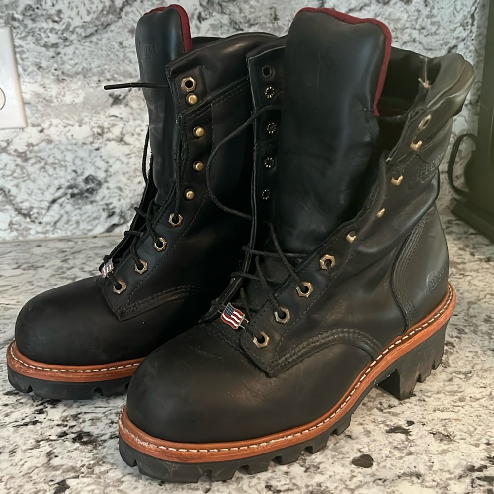 Chippewa Black Leather Lace-Up Work Boots with Red Collar Trim